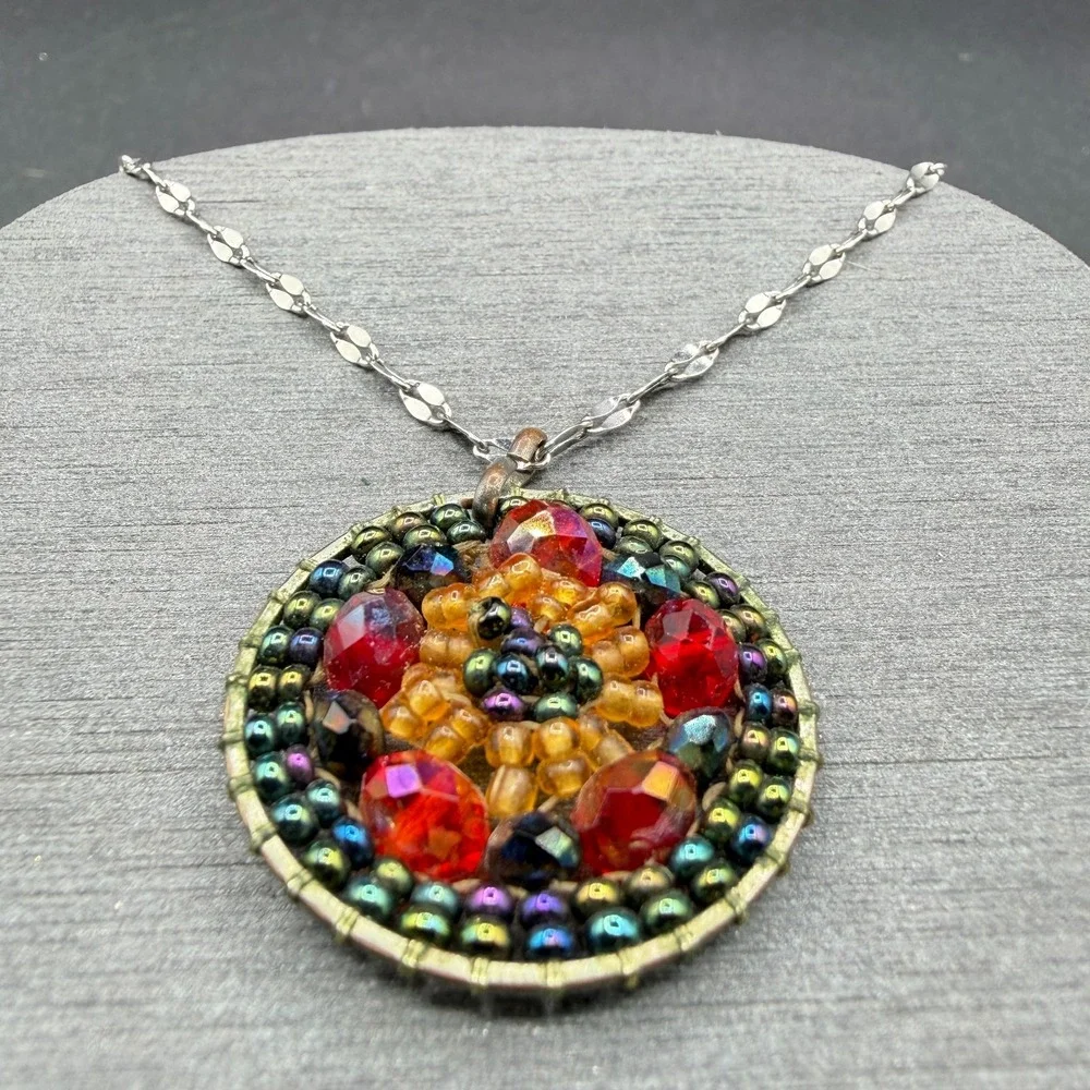 Multicolor Beaded Mosaic Pendant Necklace Stainless Steel Chain Boho Statement